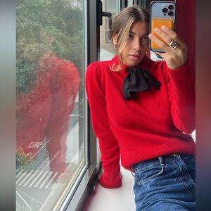Authentic Sandro Red Sweater with Black Bow, Size - Small